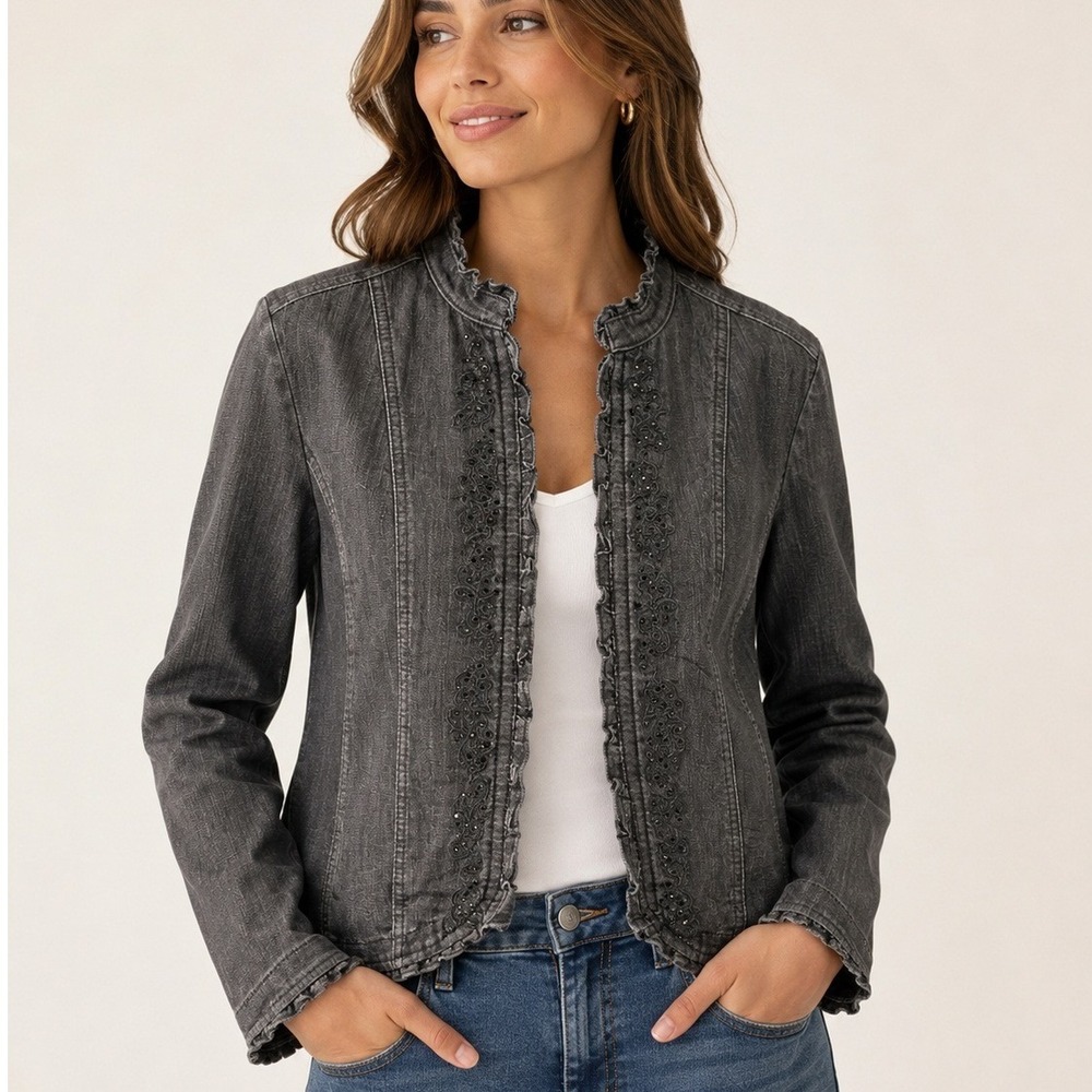 Christopher & Banks Black Washed Denim Jacket Embellished Ruffle Trim XL
